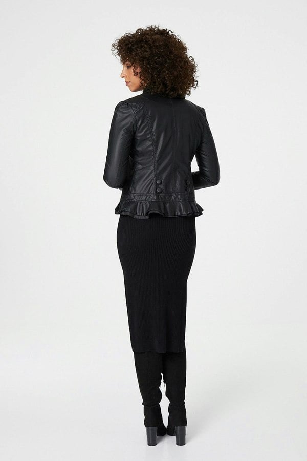 Black | Frilled Front Faux Leather Jacket