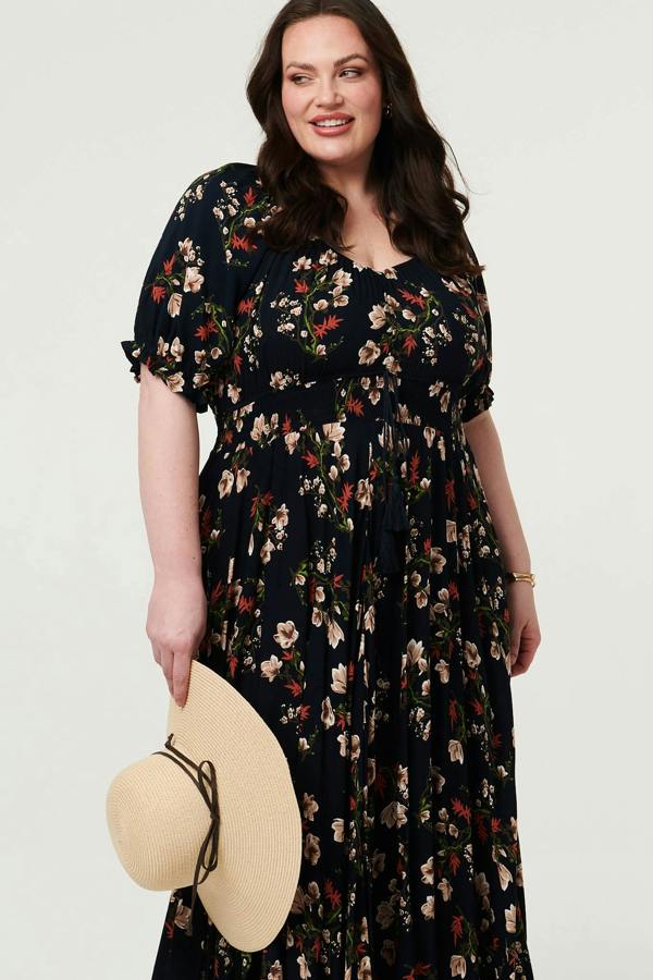 Navy | Curve Floral Bardot Empire Maxi Dress