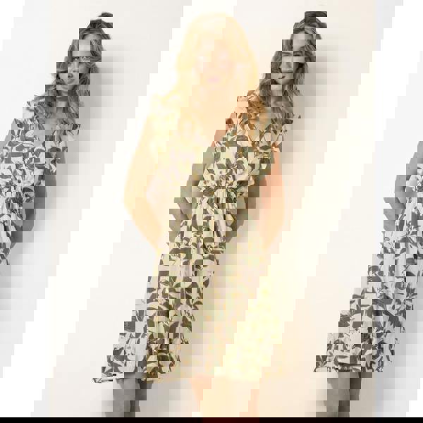 Blue Vanilla Tropical Print Wrap Over Mini Dress With Flutter Sleeve