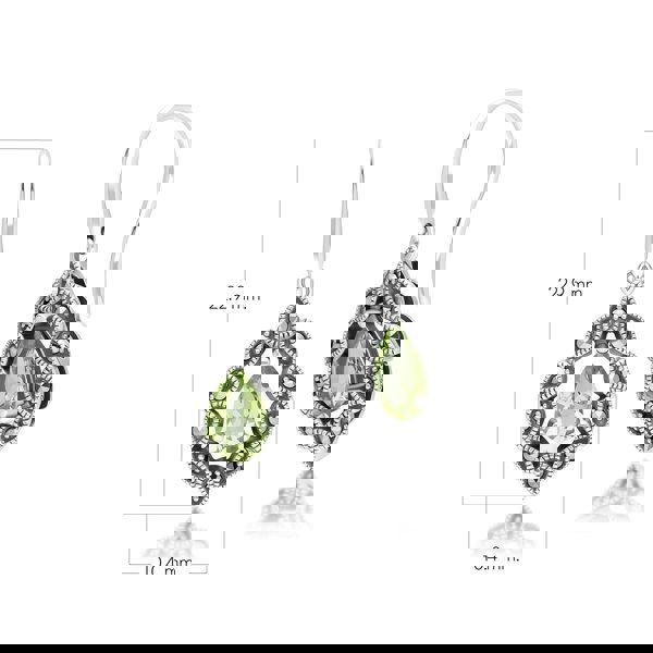 Gemondo Art Deco Style Pear Peridot & Marcasite Drop Earrings in Sterling Silver