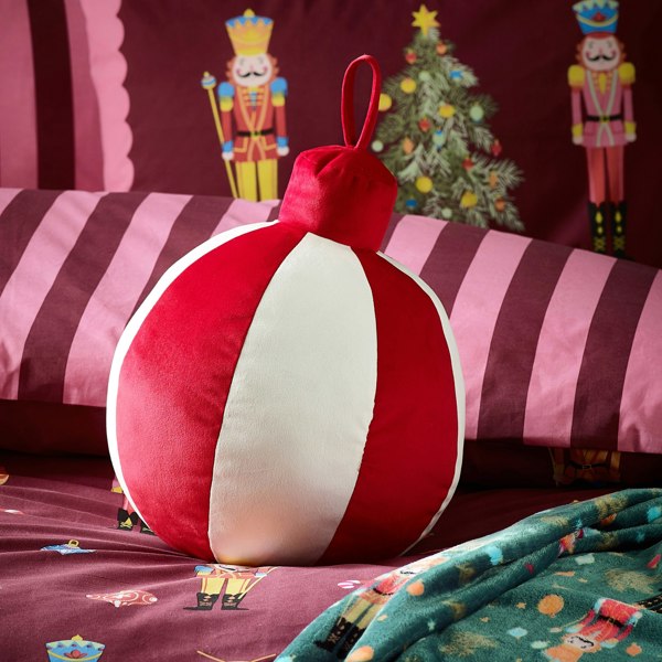 Catherine Lansfield Christmas Bauble 3D Shaped Cushion White / Red