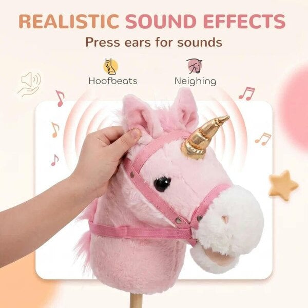 Bobobiy Hobby Horse with Wood Wheels, Stick Horse with Grip Handle, Sound, Plush Hobby Horse Toy for Imaginative Play, Pink