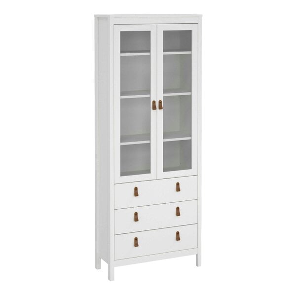 Wyld Haus Wildberry Matt White Wooden China Cabinet 2 Glass Doors 3 Drawers Leather Handles