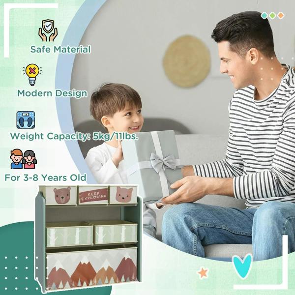 Green kids storage unit with six fabric bins, safe design features shown, animal graphics