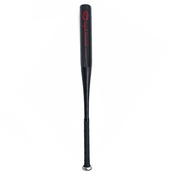 Optimum Extreme aluminium baseball bat in black with red logo, full length view - Optimum