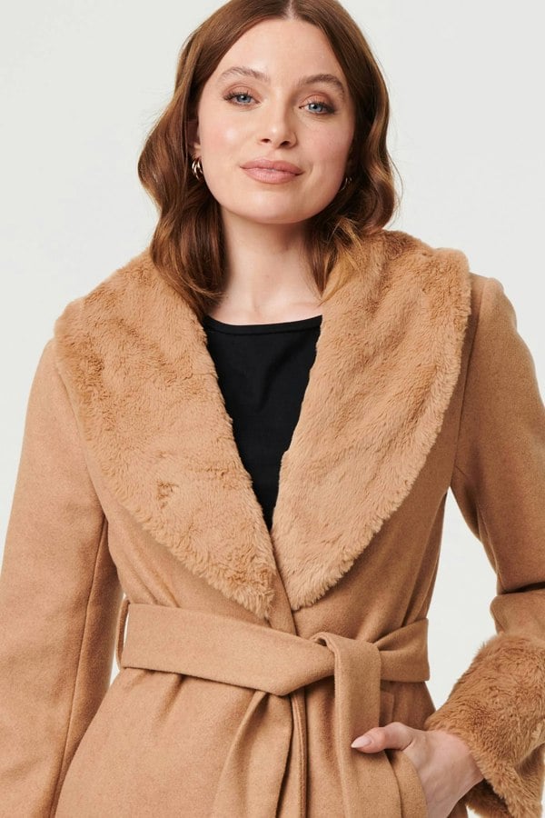 Beige | Faux Fur Trim Tie Waist Longline Coat
