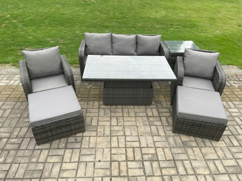 Fimous Outdoor Rattan Furniture Garden Dining Sets Height Adjustable Rising lifting Table Sofa Set With Chairs Side Tables 2 Big Footstools