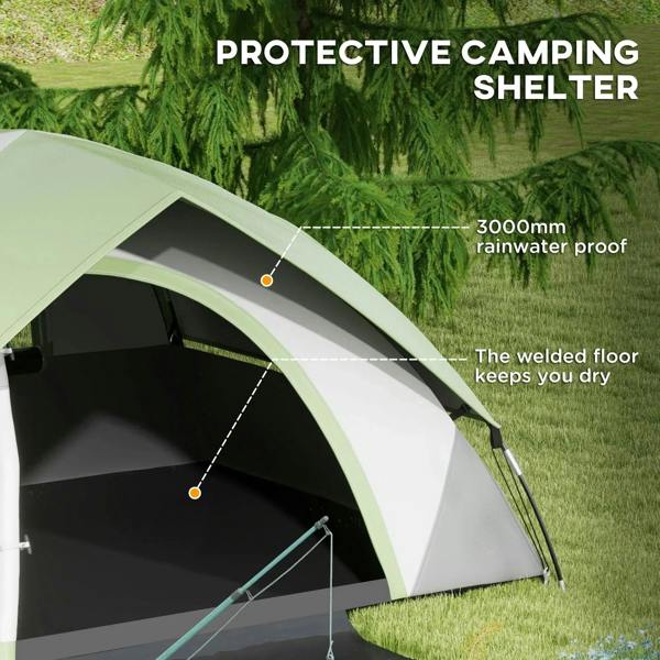 Green and grey dome tent with overhang roof and sealed floor area along the edge