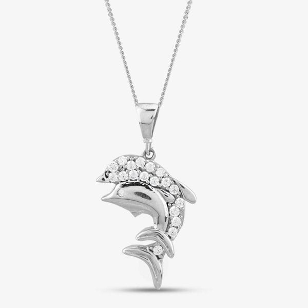 T. H. Baker 9ct White Gold Cubic Zirconia Dolphin Necklace P1613