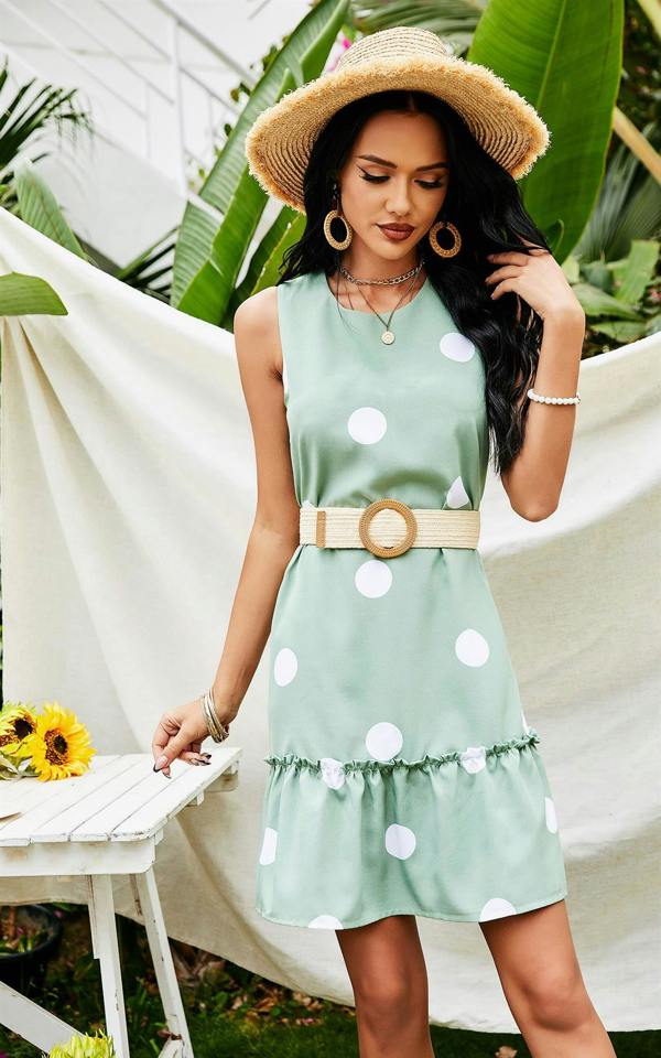 FS Collection White Polka Print Frill Mini Dress In Mint Green