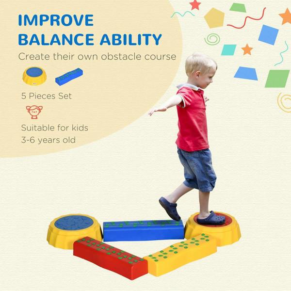 Kids balance bridge set with yellow stepping blocks, blue beam, and red textured connector