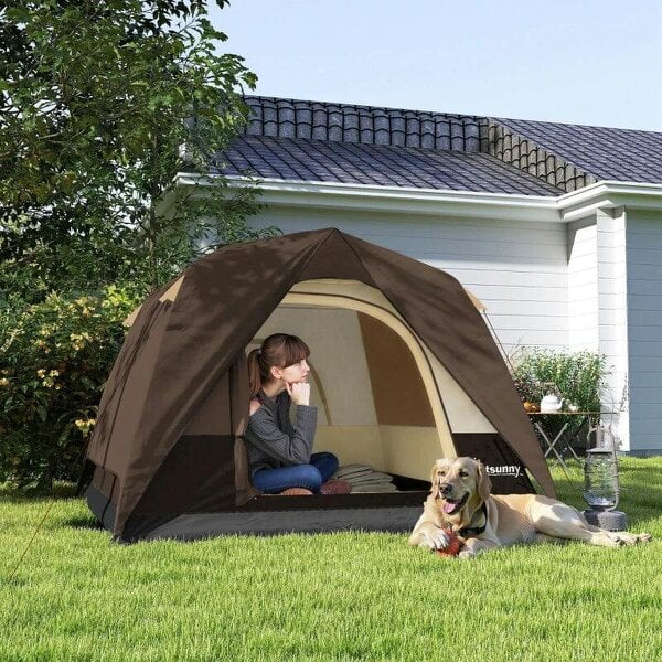 Camping Tent, Easy Set Up 2-3 Man Tent with Sewn-in Groundsheet, 3000 mm Dome Tent w/ Mesh Windows, Brown - Brown