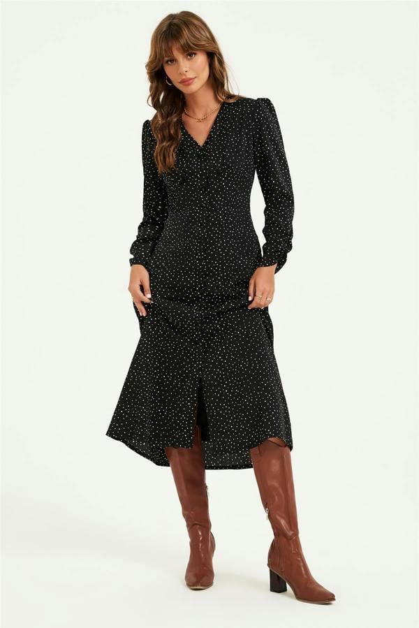 FS Collection Dot Print Long Sleeve Button Front Midi Dress In Black