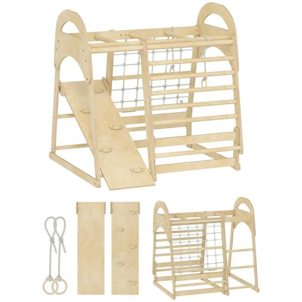 Kids wooden climbing frame with slide, ladder, monkey bars, rings, and climbing net