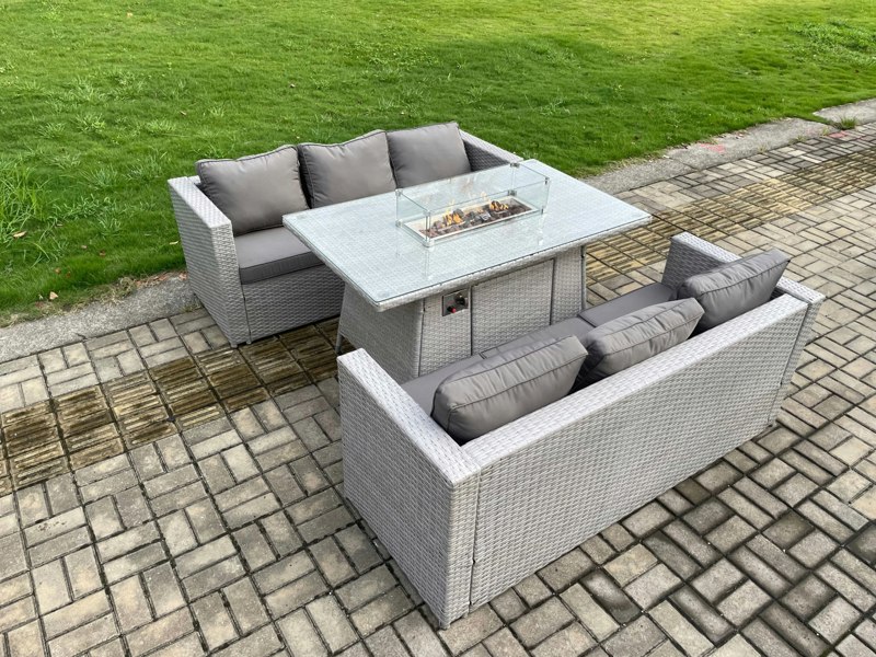 Fimous Rattan Outdoor Garden Furniture Set with Gas Fire Pit Dining Table & 2 Sofas - 6 Seater - Light Grey