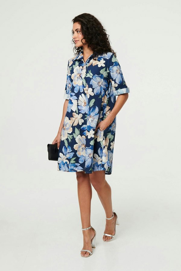 Navy | Floral Oversized Knee Length Shirt Dress
