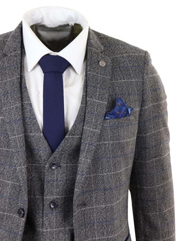 Marc Darcy Mens 3 Piece Grey With Blue Check Vintage Classic Suit