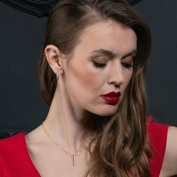 Gold Bar Pendant Necklace with Red Cubic Zirconia Stones - namana.london