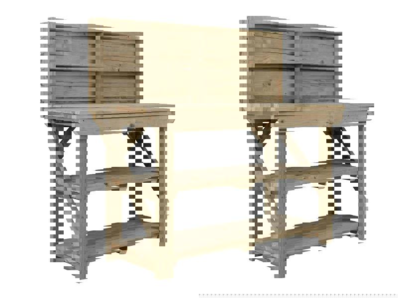Indoor/Outdoor Pressure-Treated Double Shelf with back panel Workbench, a robust and versatile solution for all your workspace needs. Handcrafted in the UK, this workbench is constructed from high-quality, pressure-treated timber, ensuring durability and resistance to the elements, making it suitable for both indoor and outdoor use.