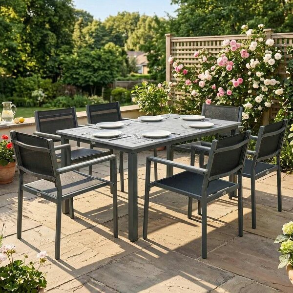 Garden Dining Set with Acacia Wood Table Top, Outdoor Table and Stackable Chairs Set for 6 with Texteline Seat, Grey