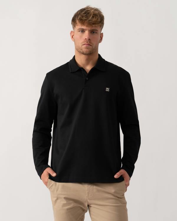 Model wearing HUGO Dinote Mens Long Sleeve Polo Shirt in Black 001 - Main