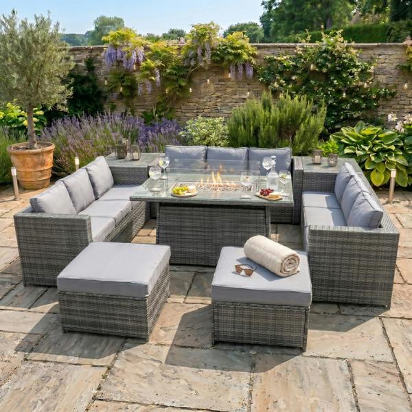 Jardi 11 Seater Rattan Furniture Set With Firepit – Grey