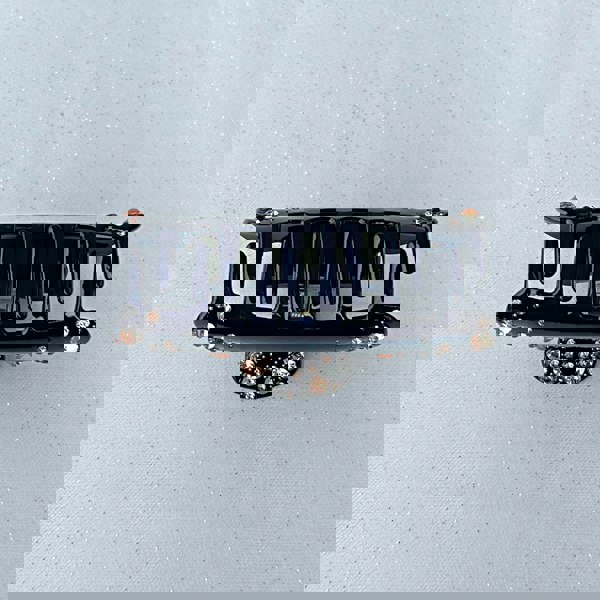 Black crystal hair claw clip, black clasp, gold metal base, sparkling crystal embellishments, strong grip design, elegant decorative hair accessory
