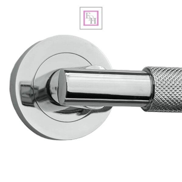 EDH Door Hardware Polished Chrome Knurled Door Handles on Round Rose – Modern Internal Lever Latch Handles