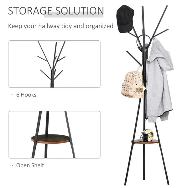 Black metal coat rack with 6 hooks and round open shelf for organizing coats and bags