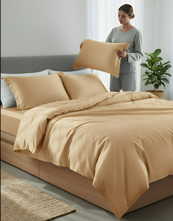 Anycozy Beddings Beige EU Single Size 2 Pcs High End Satin Smooth Duvet Cover Set Luxury Polyester Silky Soft Cozy Bedding Set