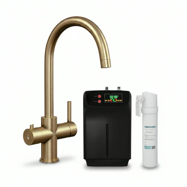 Copper boiling water tap on a white background with boiler and carbon rod filter