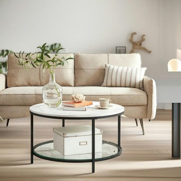 Rafaelo Mobilia 2 Tier Round Faux Marble Coffee Table White