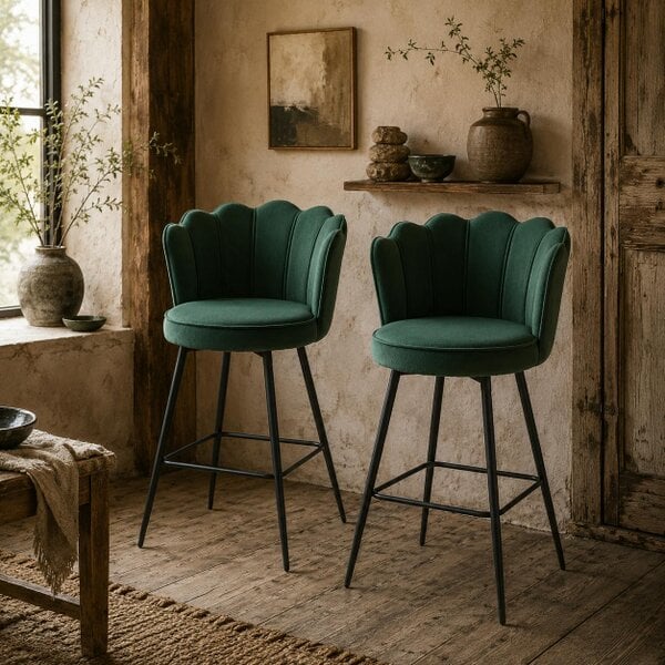 Wyld Haus Ralu Velvet Dark Green Lotus Style Bar Stools Set Of 2 With Sculpted Seat