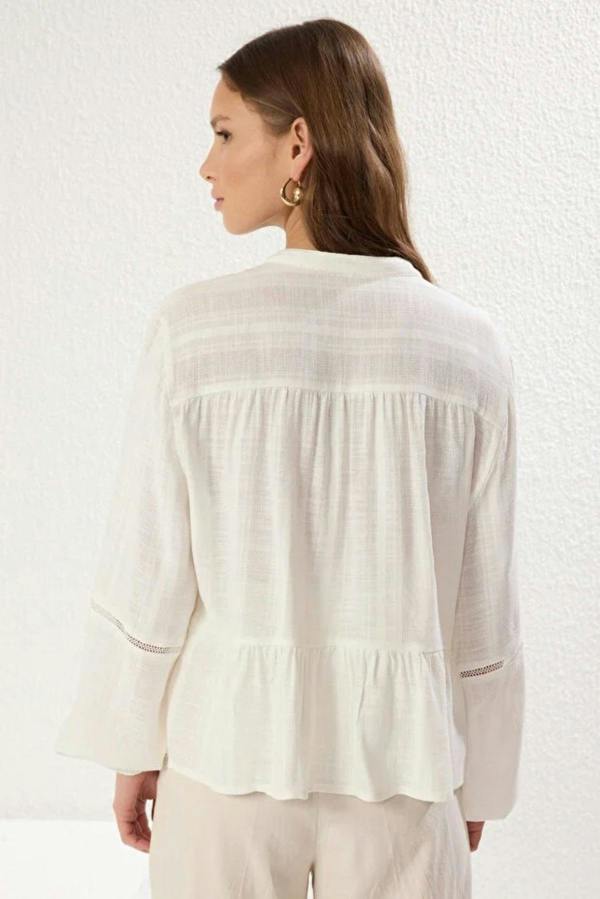 Hoxton Gal Cotton-Textured Regular Fit Woven Shirt with Lace Sleeve Detail