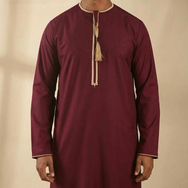 TT-003 - Men's Wine Emirati Omani Tassel Embroidery Thobe - Thobez - 3
