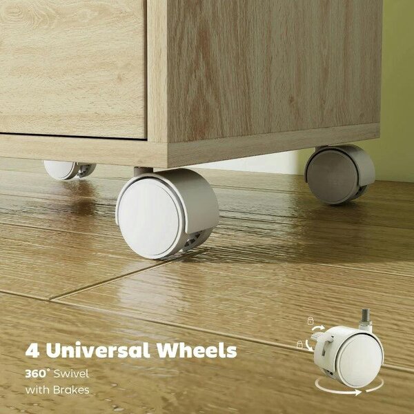 6 Drawer Vertical File Cabinet, Mobile Filing Cabinet with Quiet Drawers and Wheels with 2 Brakes, Oak Wood Effect