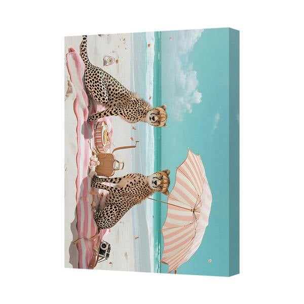 Benjamin Tate Design Cheetahs On Beach Canvas Wall Art With Pink Striped Umbrella