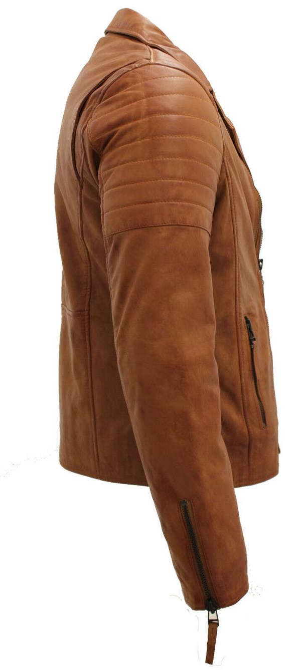 Infinity Leather Mens Slim Fit Brando Style Cross Zip Leather Biker Jacket