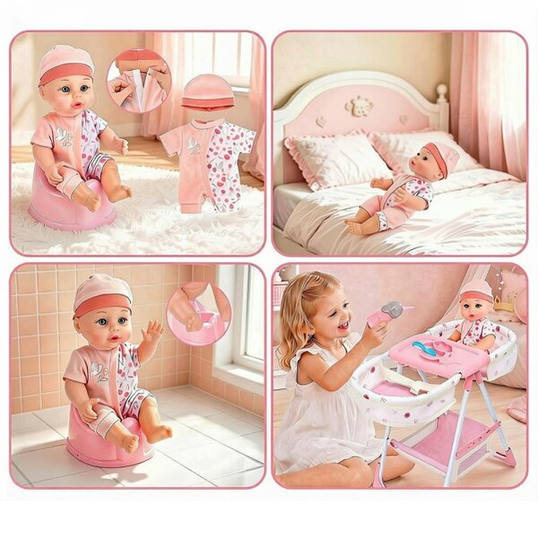 deAO Toys deAO Baby Doll Crib & High Chair Nursery Playset with 12" Soft Doll & 14 Accessories Pretend Feeding & Caring Role‑Play Set for Kids Ages 3+