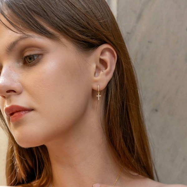 Spero London Sterling Silver Huggie Pave Cross Drop Earring