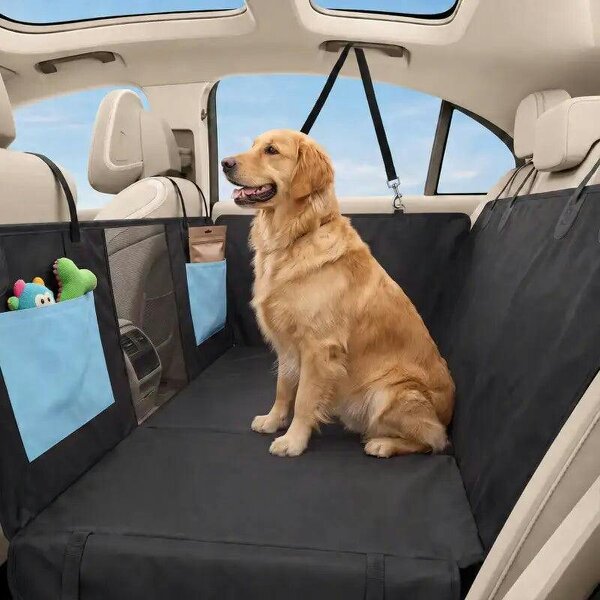 Dog Car Seat Cover, Waterproof Dog Travel Hammock w/ Non-Slip & Anti-Scratch Surface, Mesh Window and Pockets, Blue - Blue