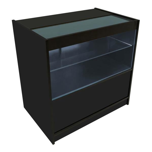 Black Europa LED shop counter set featuring a sleek design, glass top, illuminated shelves, and smooth surfaces for display