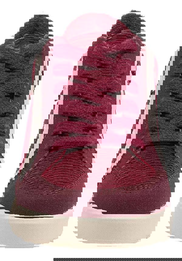 Rocket Dog Bolt Womens Casual Smart Lace Up Shoes Trainers, close-up front view of burgundy lace-up sneakers with white soles.