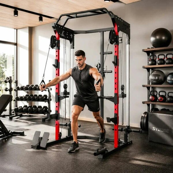 Power Cage, Power Rack with Adjustable Cable Pulley System, Pull-Up Bar, Dip Station, Landmine