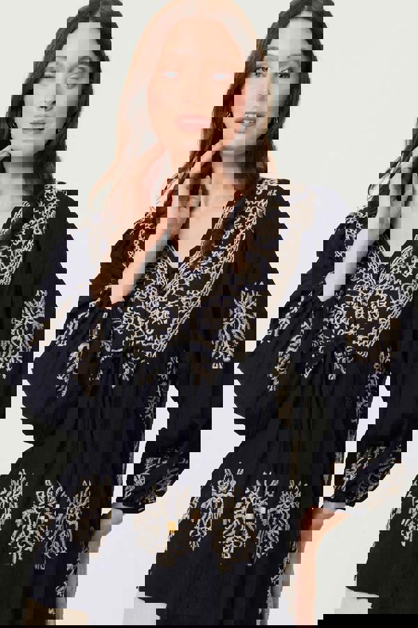 Navy | Border Print Tie Front Relaxed Blouse