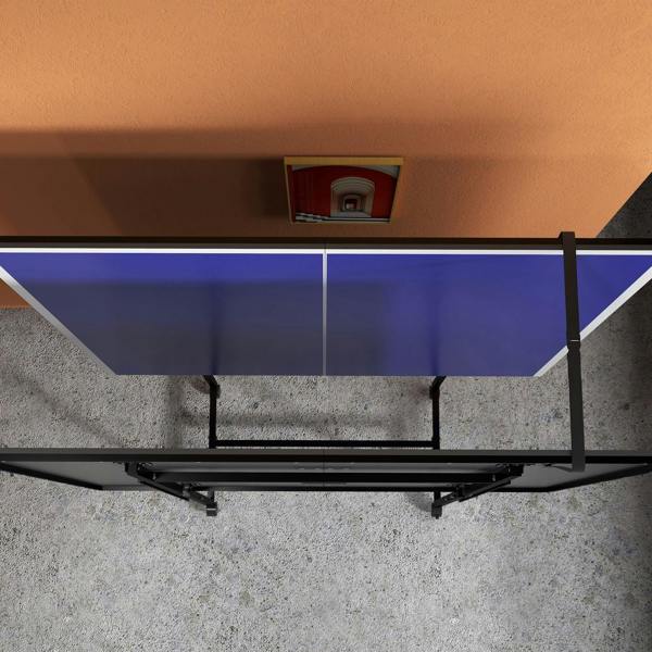 Blue folding table tennis table underside with support frame and folding legs