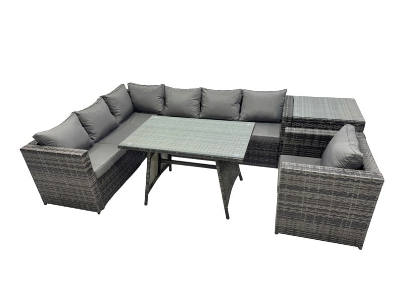 Fimous 7 seater Outdoor PE Rattan Sofa Set with Dining Table Patio Garden Furniture Sets with Chair Side Table Dark Grey Mixed