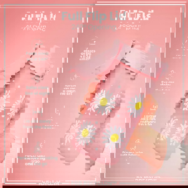 A pink daisy-patterned water bottle, with its lid flipped open 240°, is held by a hand against a pink background. Full Flip Lid, 240° Opening, POD RECYCLON™