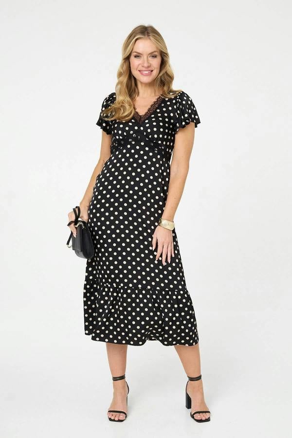 Black | Polka Dot Lace Trim Empire Midi Dress