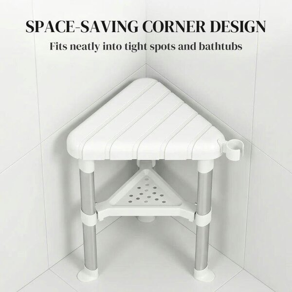 Shower Stool, Aluminium Alloy Corner Shower Chair with Storage Shelf and HDPE Seat, Adjustable Height, White